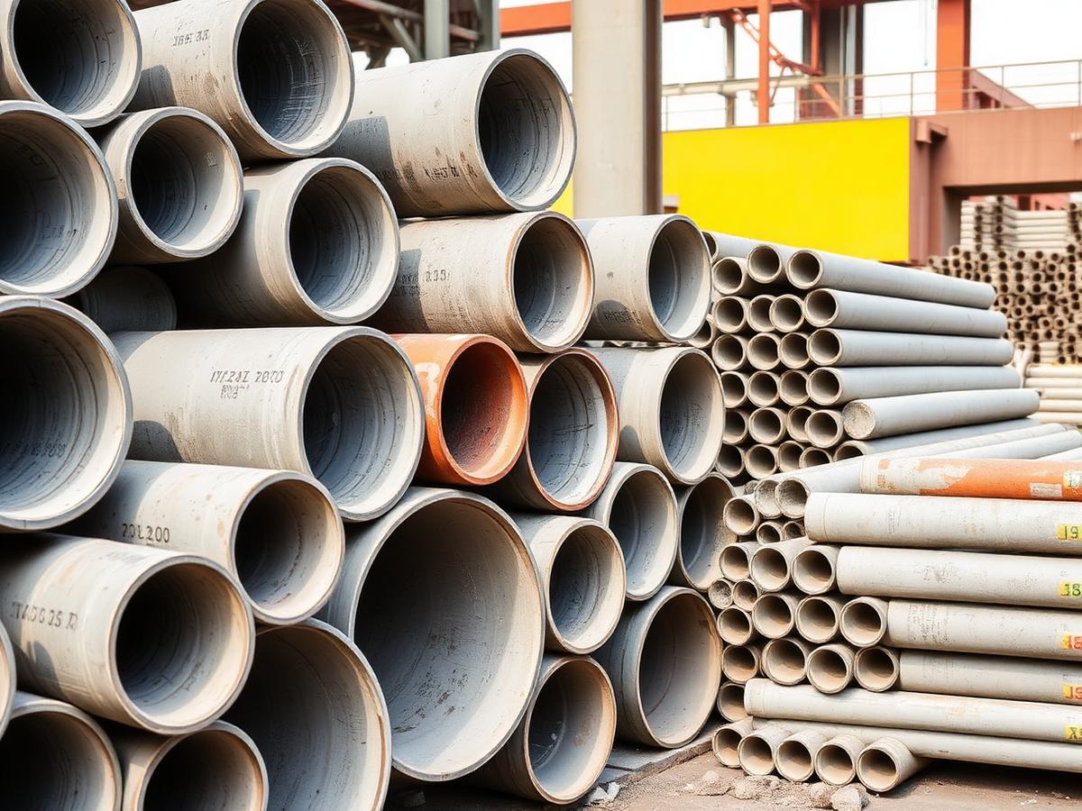 Tubos e palanques de concreto estocados no pátio da fábrica